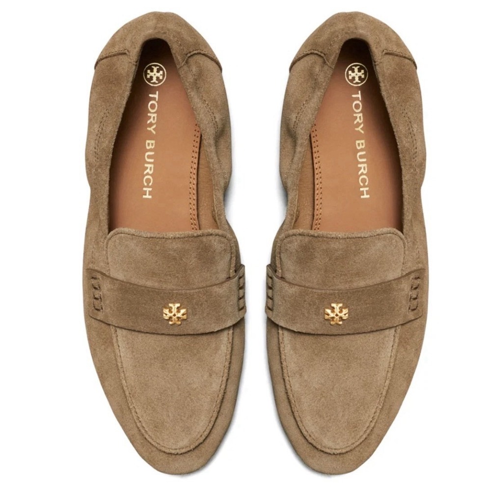 Tory Burch Ballet Loafer River Rock‎ Size 8M 87258 Driving Shoes Suede Gold Logo
